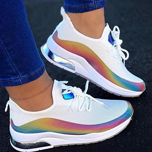 

Women's Trainers Athletic Shoes Sneakers Fantasy Shoes Flyknit Shoes Round Toe Sporty Daily Walking Shoes Elastic Fabric Lace-up Rainbow Color Block White Black Pink