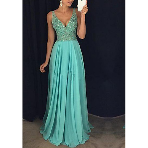 

Sheath / Column Sparkle Elegant Wedding Guest Formal Evening Dress V Neck Sleeveless Floor Length Chiffon with Pleats Crystals 2021