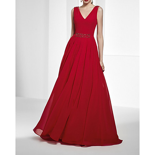

A-Line Beautiful Back Sexy Wedding Guest Formal Evening Dress V Neck Sleeveless Floor Length Chiffon with Pleats 2021
