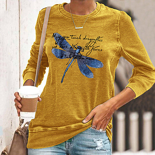 

Women's T shirt Graphic Text Long Sleeve Print Round Neck Tops Basic Basic Top Black Yellow Green