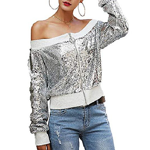 

Women's Jacket Sports Sporty Sequins Fall Jacket Off Shoulder Regular Causal Long Sleeve 416 Silver / Spring / Holiday