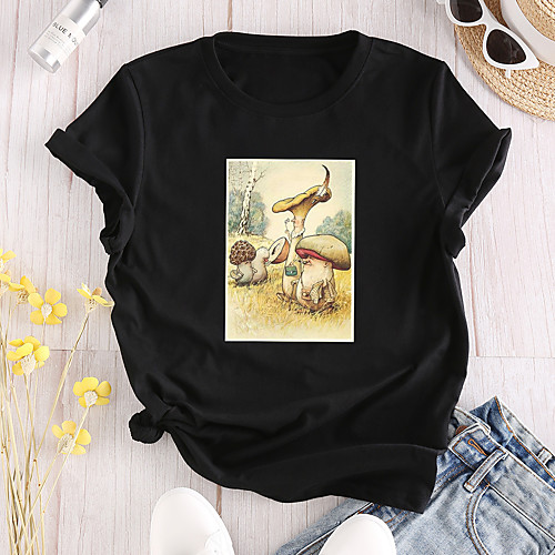 

Women's T shirt Graphic Text Print Round Neck Tops 100% Cotton Basic Basic Top White Black Red