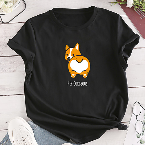 

Women's T shirt Graphic Text Print Round Neck Tops 100% Cotton Basic Basic Top Black Green Dark Gray