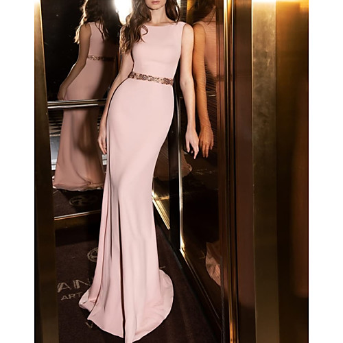 

Mermaid / Trumpet Minimalist Sexy Engagement Formal Evening Dress Jewel Neck Sleeveless Sweep / Brush Train Satin with Sash / Ribbon 2021