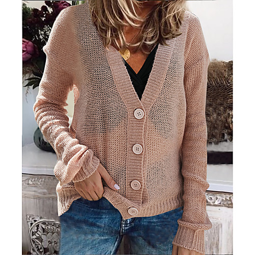

Women's Basic Casual Knitted Button Solid Color Cardigan Sweater Acrylic Fibers Long Sleeve Loose Sweater Cardigans V Neck Fall Winter Blushing Pink Holiday Beach