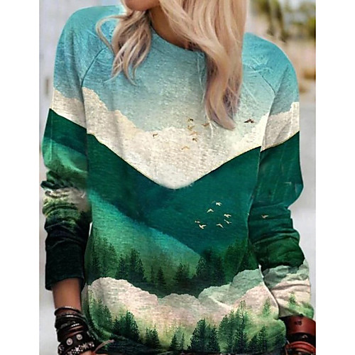 

Women's T shirt Scenery Long Sleeve Print Round Neck Tops Basic Basic Top Green