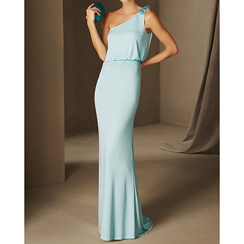 

Sheath / Column Elegant Floral Engagement Formal Evening Dress One Shoulder Sleeveless Sweep / Brush Train Chiffon with Appliques 2021