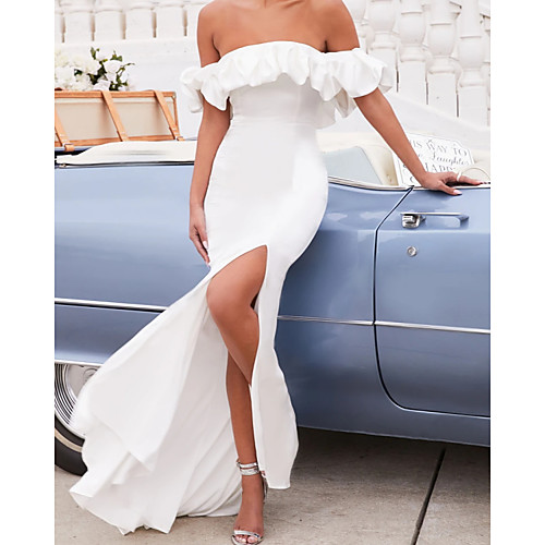 

Mermaid / Trumpet Minimalist Sexy Engagement Prom Dress Off Shoulder Sleeveless Sweep / Brush Train Stretch Satin with Ruffles Split 2021