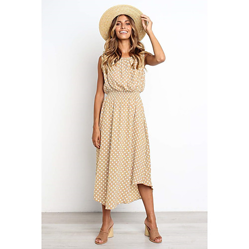 

Women's Swing Dress Midi Dress Yellow Khaki Black Sleeveless Polka Dot Tassel Fringe Patchwork Fall Spring Round Neck Casual Going out Loose 2021 S M L XL