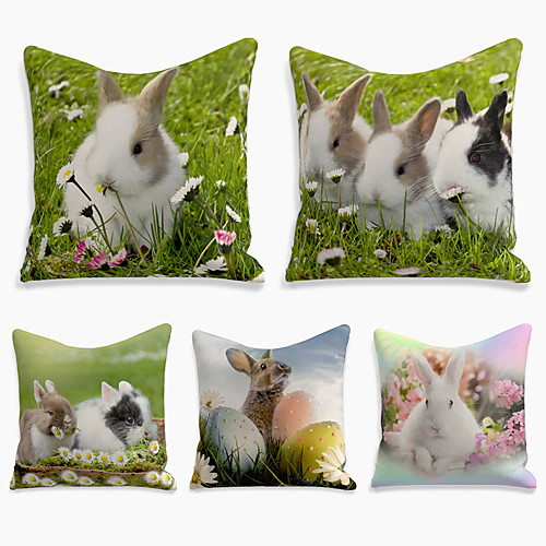 

Happy Easter Happy Easter Cushion Cover 5PC Faux Linen Soft Decorative Square Throw Pillow Cover Cushion Case Pillowcase for Sofa Bedroom 45 x 45 cm (18 x 18 Inch) Superior Quality Machine Washable