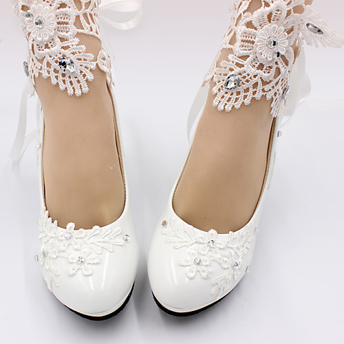 

Women's Wedding Shoes Pumps Round Toe Wedding Pumps Casual Daily Walking Shoes Faux Leather Rhinestone Flower Solid Colored White