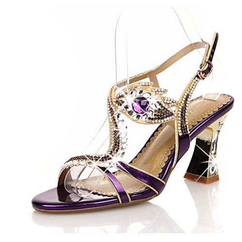 

Women's Sandals Chunky Heel Round Toe Block Heel Sandals Sexy Wedding Daily Walking Shoes Leather Rhinestone Buckle Solid Colored Purple Gold