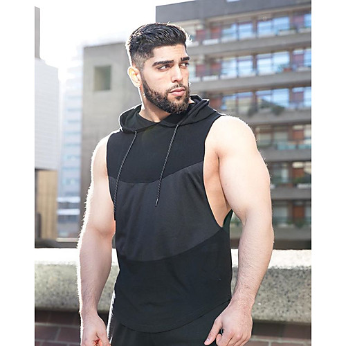

men's workout hooded tank tops bodybuilding muscle t shirt sleeveless gym hoodies (s,black)