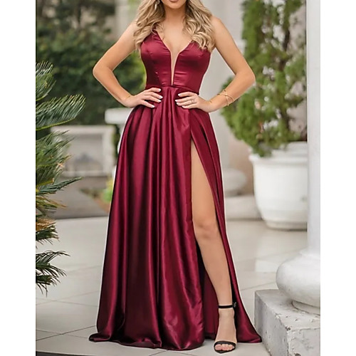 

A-Line Minimalist Sexy Wedding Guest Formal Evening Dress Spaghetti Strap Sleeveless Floor Length Satin with Split 2021