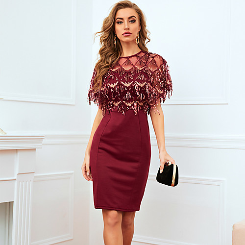 

Women's Sheath Dress Short Mini Dress Wine Short Sleeve Solid Color Sequins Tassel Fringe Patchwork Spring Summer Round Neck Vintage 2021 S M L XL