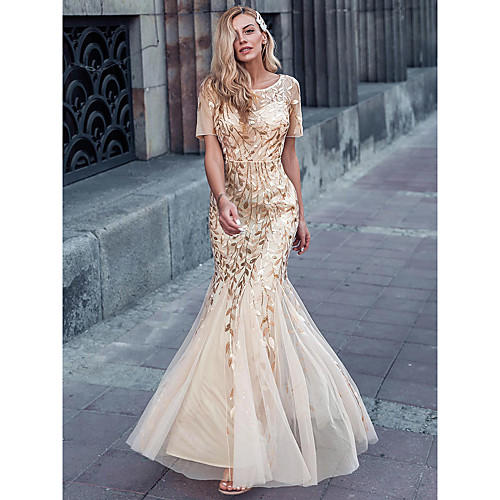 

Women's Trumpet / Mermaid Dress Maxi long Dress Blue Dusty Rose Silver Gold Dusty Blue White Black Red Navy Blue Short Sleeve Print Sequins Fall Winter Round Neck Formal Sexy Skinny 2021 S M L XL XXL
