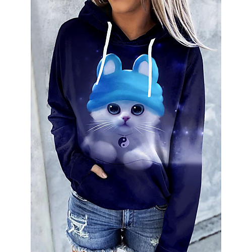 

Women's Hoodie Pullover Cat Graphic 3D Front Pocket Print Daily 3D Print Basic Casual Hoodies Sweatshirts Navy Blue