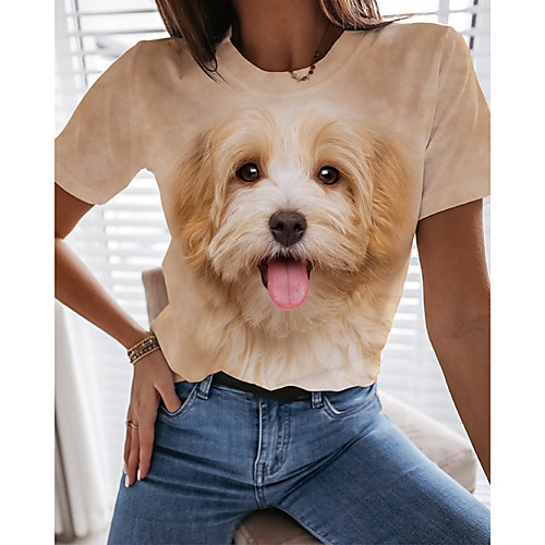 

Women's 3D Printed T shirt Dog Graphic 3D Print Round Neck Basic Tops Beige