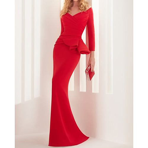 

Mermaid / Trumpet Peplum Elegant Wedding Guest Formal Evening Dress V Neck Long Sleeve Sweep / Brush Train Stretch Satin with Ruched Ruffles 2021