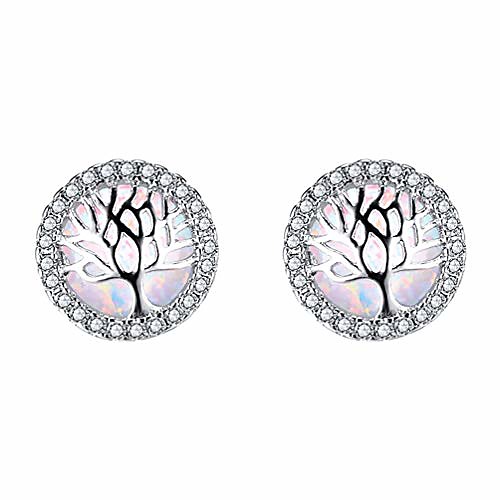 

Women's Silver Round Cubic Zirconia Opal Tree of Life Stud Earrings White Hypoallergenic
