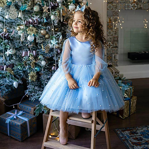 

Princess Knee Length Flower Girl Dresses Party Tulle Long Sleeve Jewel Neck with Appliques