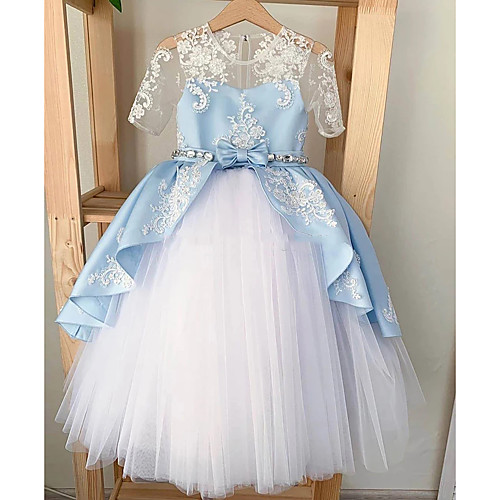 

Princess Floor Length Flower Girl Dresses Party Lace Half Sleeve Jewel Neck with Bow(s)