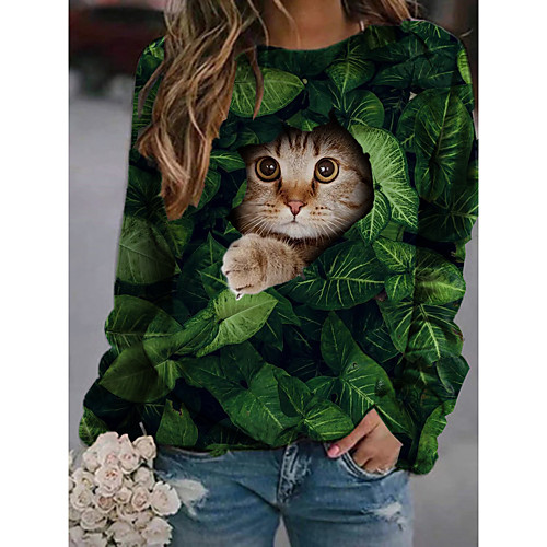 

Women's Pullover Sweatshirt Cat Graphic 3D Print Daily 3D Print Basic Casual Hoodies Sweatshirts Green