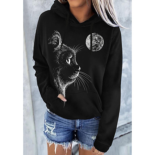 

Women's Hoodie Pullover Cat Graphic Front Pocket Print Daily Other Prints Basic Casual Hoodies Sweatshirts Black