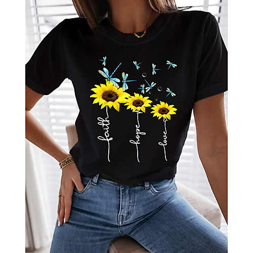

Women's T shirt Graphic Floral Print Round Neck Tops 100% Cotton Basic Basic Top White Black