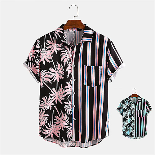 

Men's Shirt Other Prints Striped Plants Button-Down Print Short Sleeve Daily Tops Casual Hawaiian Blushing Pink Light Blue