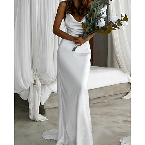 

Sheath / Column Wedding Dresses V Neck Sweep / Brush Train Charmeuse Sleeveless Simple with 2021