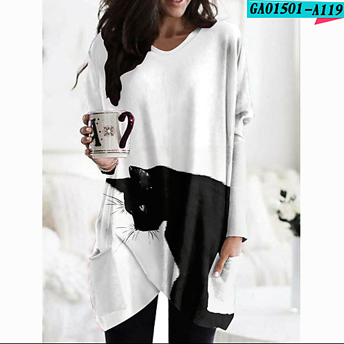 

Women's Shift Dress Short Mini Dress Light gray Long Sleeve Cat Animal Pocket Print Fall Spring V Neck Casual Loose 2021 S M L XL XXL