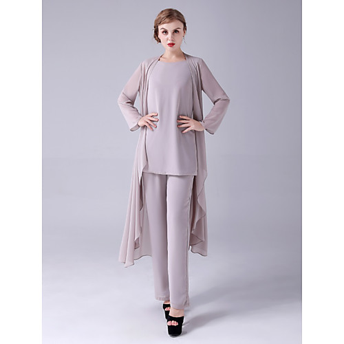 

Two Piece Jumpsuits Mother of the Bride Dress Plus Size Elegant Jewel Neck Floor Length Chiffon Sleeveless with Tier 2021