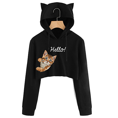 

Women's Cropped Hoddie Cat Graphic 3D Crop Top Cat Ear Daily 3D Print Basic Casual Hoodies Sweatshirts Black Navy Blue