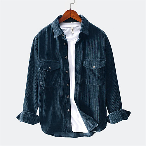 

Men's Shirt non-printing Plain Button-Down Long Sleeve Daily Tops Corduroy Casual Blue Green Black