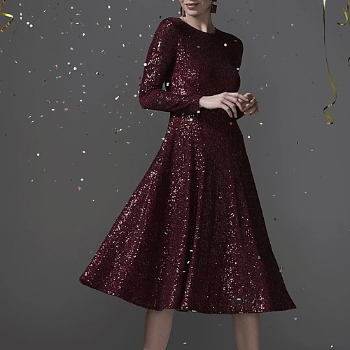 

A-Line Mother of the Bride Dress Elegant Sparkle & Shine Jewel Neck Knee Length Sequined Long Sleeve with Pleats Sequin 2021