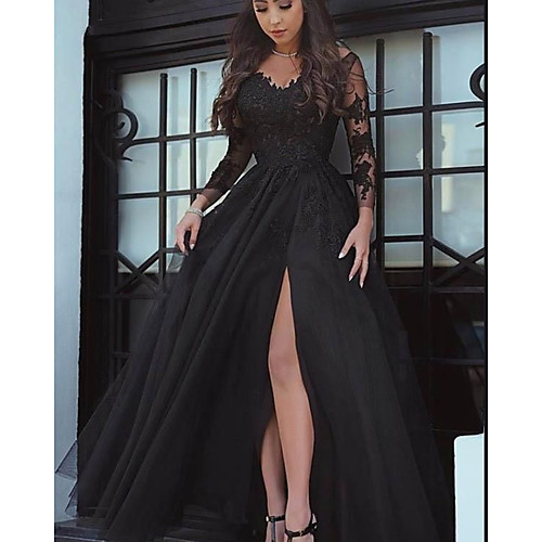 

A-Line Sexy Floral Wedding Guest Formal Evening Dress V Neck Long Sleeve Floor Length Lace Tulle with Split Lace Insert 2021