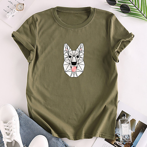 

Women's T shirt Dog Graphic Print Round Neck Tops 100% Cotton Basic Basic Top White Red Yellow