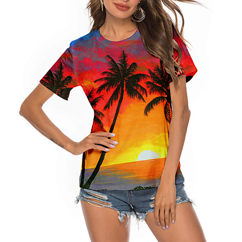 

Women's T shirt Graphic Scenery Print Round Neck Tops Basic Basic Top Orange