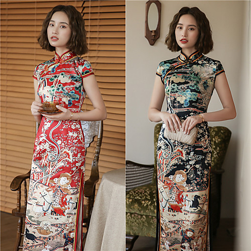 

Adult Adults' Women's Retro Chinoiserie Vacation Dress Dress Chinese Style Cheongsam Qipao For Party Halloween Faux Silk Graphic Prints Halloween Carnival Masquerade Cheongsam
