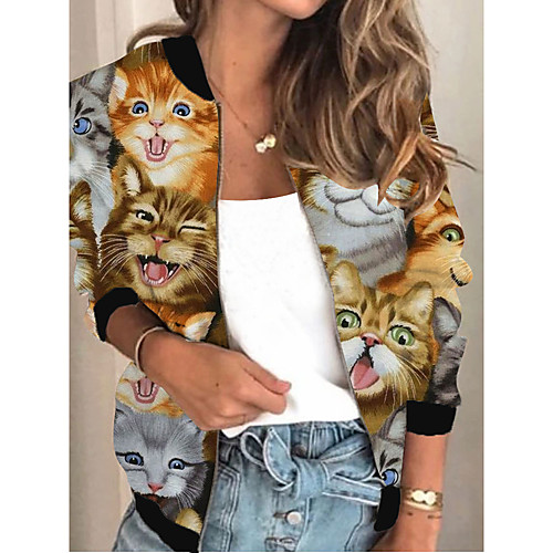 

Women's Jacket Going out Spring & Fall Regular Coat Stand Collar Loose 3D Print Active Jacket Long Sleeve Print Patchwork Brown / Work