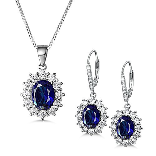 

silver blue sapphire drop earrings and necklace princess sappire jewellery