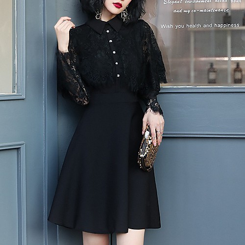 

A-Line Little Black Dress Elegant Homecoming Cocktail Party Dress Shirt Collar Long Sleeve Short / Mini Lace with Lace Insert 2021