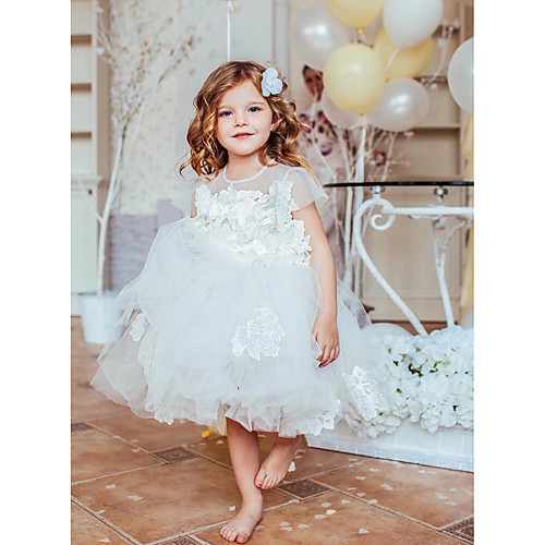 

Princess Knee Length Flower Girl Dresses Party Tulle Short Sleeve Jewel Neck with Appliques