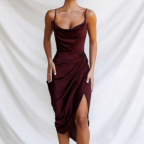 

Women's Sheath Dress Midi Dress Sleeveless Solid Color Split Summer U Neck Party Hot Elegant Party 2021 S M L / Satin