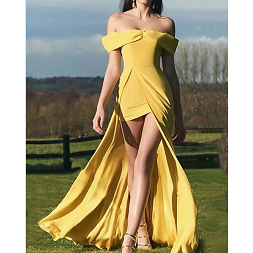 

Sheath / Column Minimalist Sexy Engagement Formal Evening Dress Off Shoulder Sleeveless Asymmetrical Satin with Split 2021