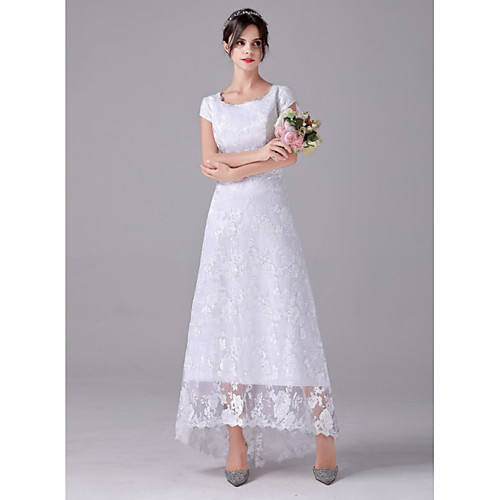 

A-Line Wedding Dresses Scoop Neck Asymmetrical Lace Cap Sleeve Romantic Plus Size with 2021