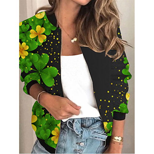 

Women's Jacket Daily Spring & Fall Regular Coat Regular Fit Active Streetwear Jacket Long Sleeve Plants Print Green / Holiday