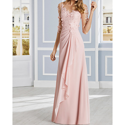

Sheath / Column Luxurious Floral Engagement Formal Evening Dress Illusion Neck Half Sleeve Floor Length Chiffon Lace with Ruffles Draping Appliques 2021