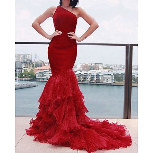 

Mermaid / Trumpet Beautiful Back Sexy Engagement Formal Evening Dress One Shoulder Sleeveless Court Train Spandex with Tier 2021